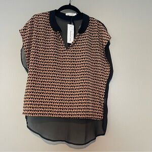 Black& Brown, Peter Pan Collar Blouse,Bunny figures, Back is Sheer, Medium, NWT